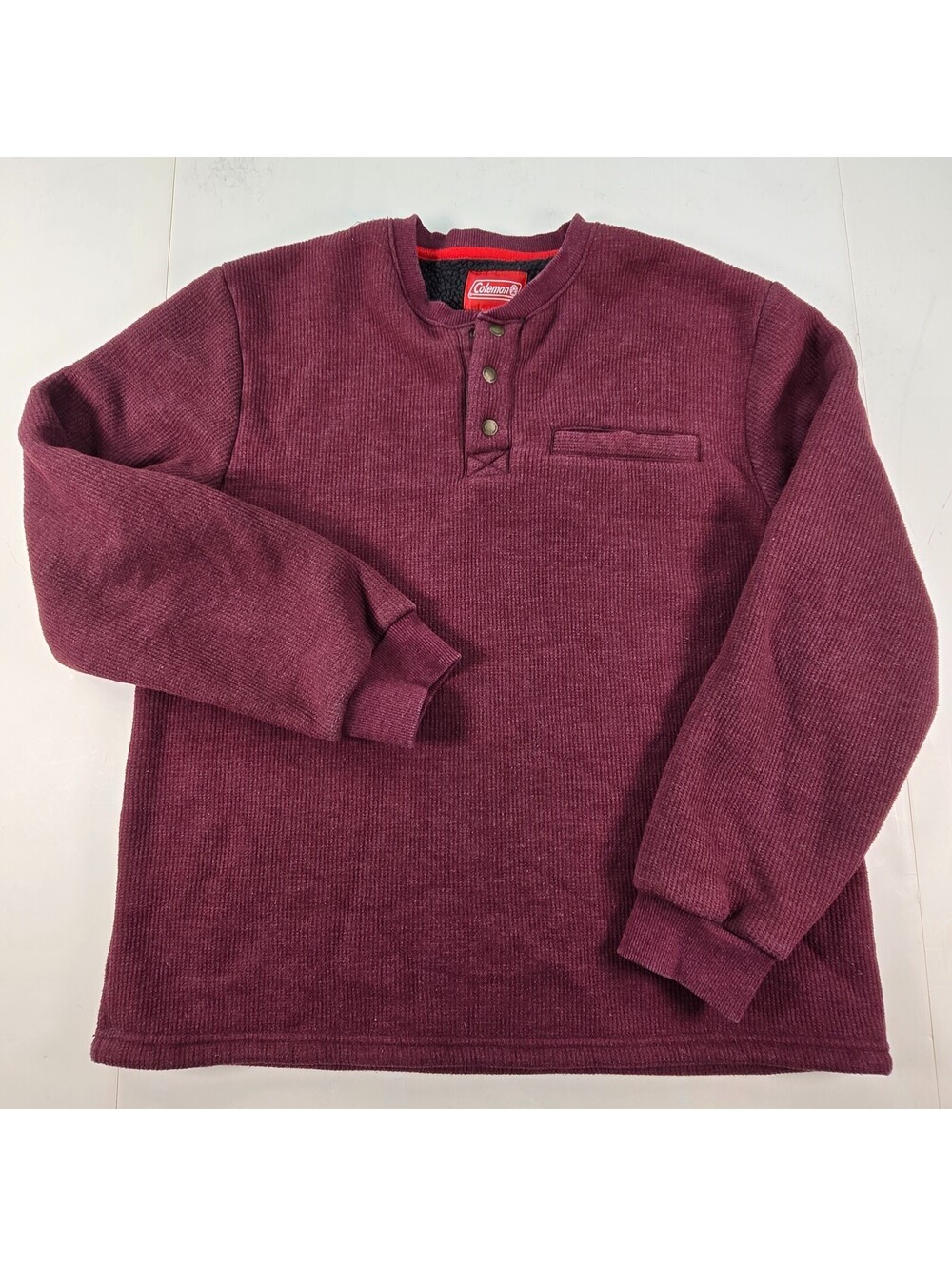 Coleman Mens Size L Maroon 1/4 Snap Sherpa Lined Waffle Henley Pullover Sweater